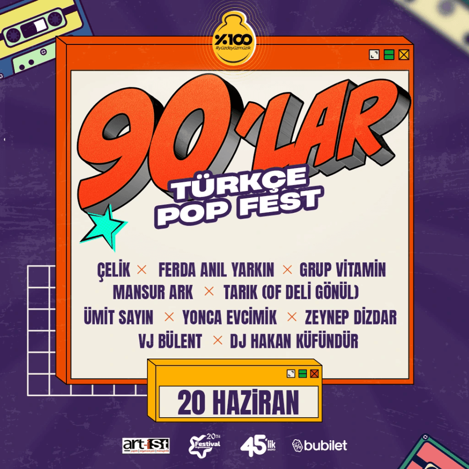90'lar Türkçe Pop Fest : Çelik, Yonca Evcimik, Ferda Anıl Yarkın, Ümit Sayın, Mansur Ark, Grup Vitamin, Zeynep Dizdar, Tarık (Of Deli Gönül), Vj Bülent, Dj Hakan Küfündür card